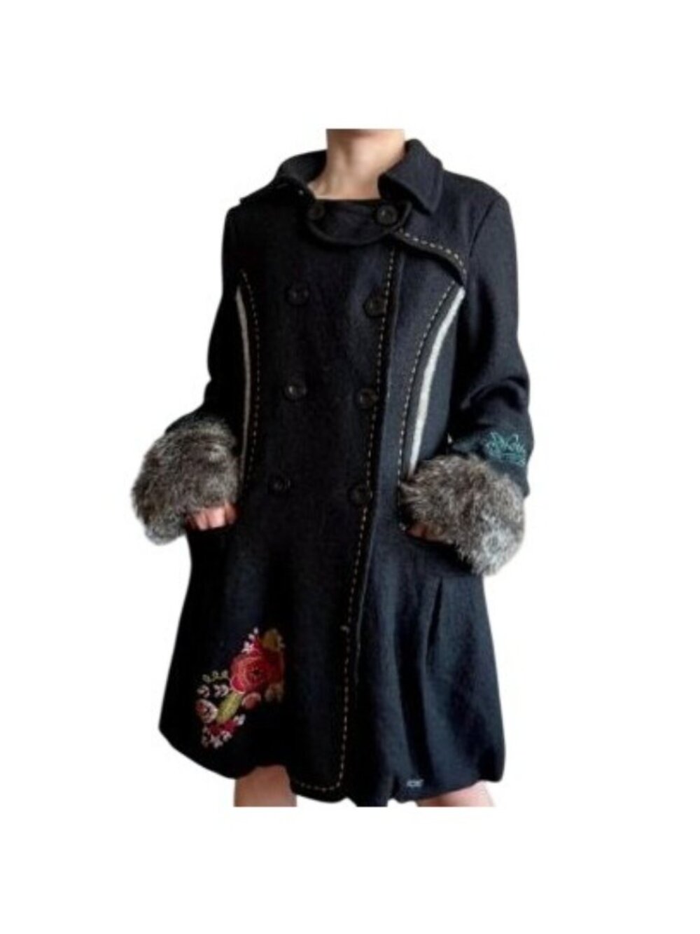 Desigual Womens Black Embroidered Wool Blend Coat Size Medium (38) Faux Fur Trim